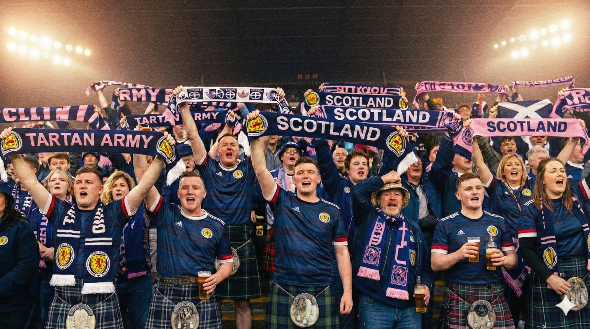Scottish football fans celebrating in the terraces